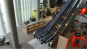 A modern library with an escalator