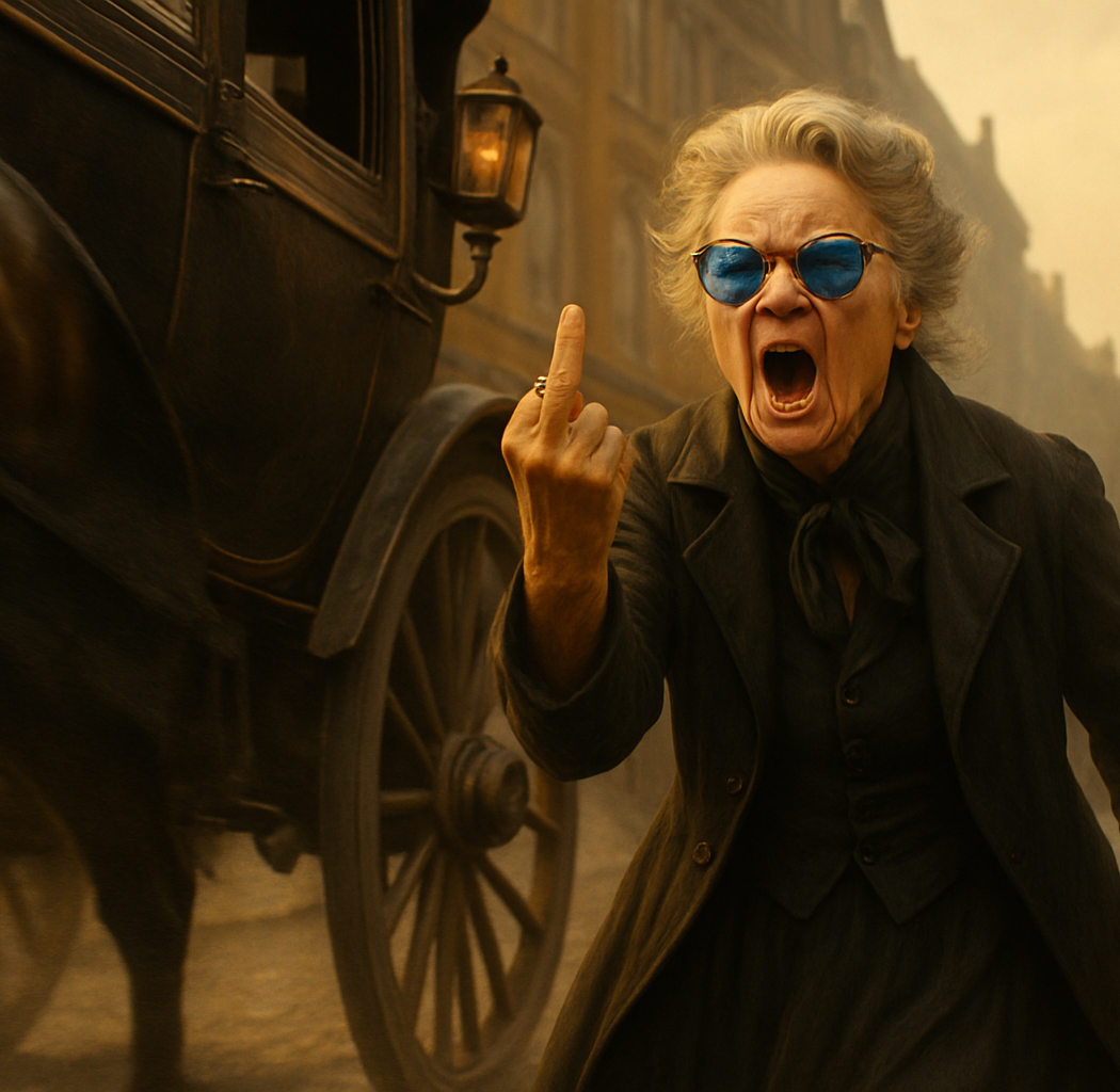 Spinster flipping the bird at a carriage
